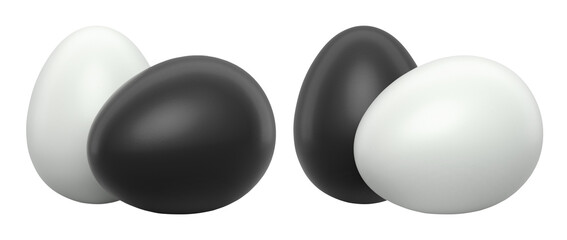 Black and white eggs placed side by side isolated on white transparent background. Concept of egg variety and nutrition
