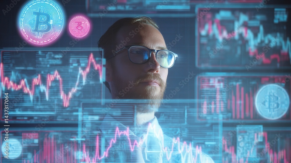 Aufkleber tech founder analyzing cryptocurrency trading data with neon visuals