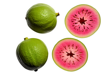  Isolated Whole and Sliced Pink Guava on Pure White