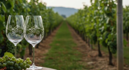 Elegant Wine Glasses in a Serene Vineyard Setting: A Toast to Nature's Bounty