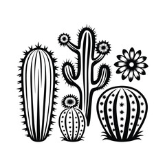 Black and White Cactus Silhouettes, Flora Composition on Isolated White Background