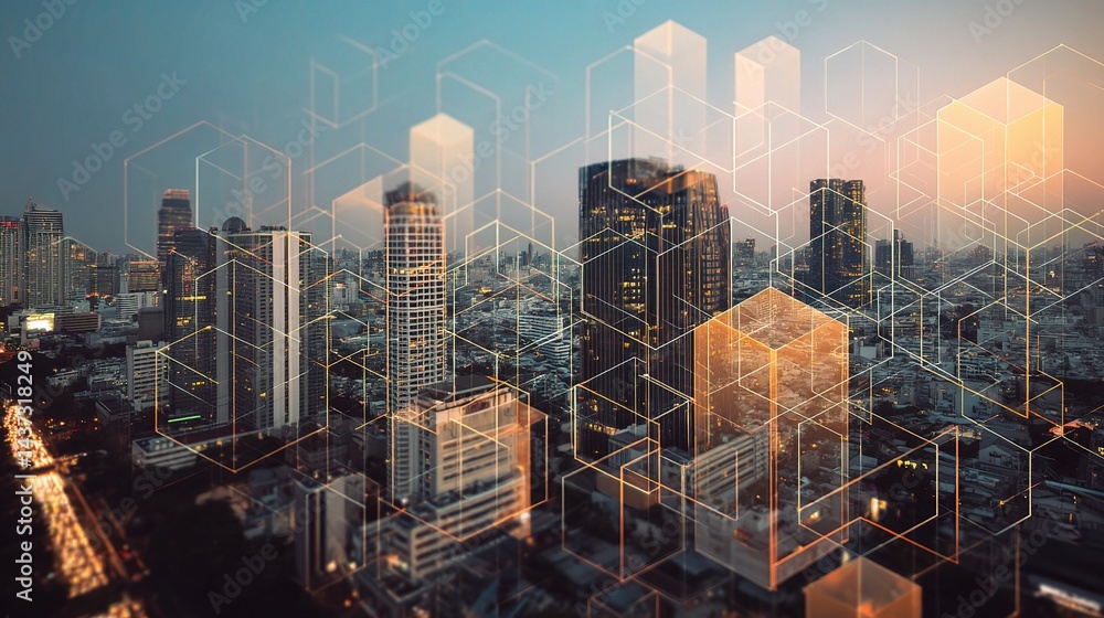 Poster modern city skyline with double exposure and blockchain elements