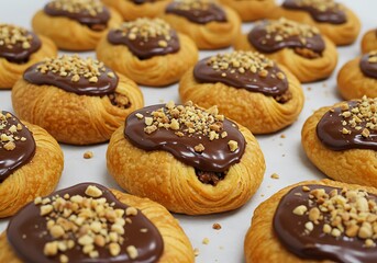 A close up of many chocolate and nut topped pastries on a white surface in a studio setting