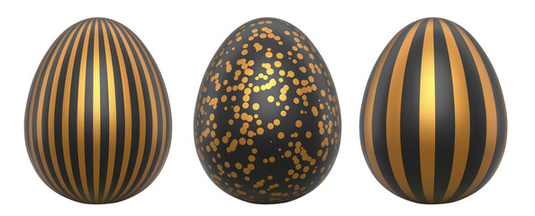 Elegant black eggs with gold patterns, isolated on white transparent background. Concept of luxury, elegance, and opulence