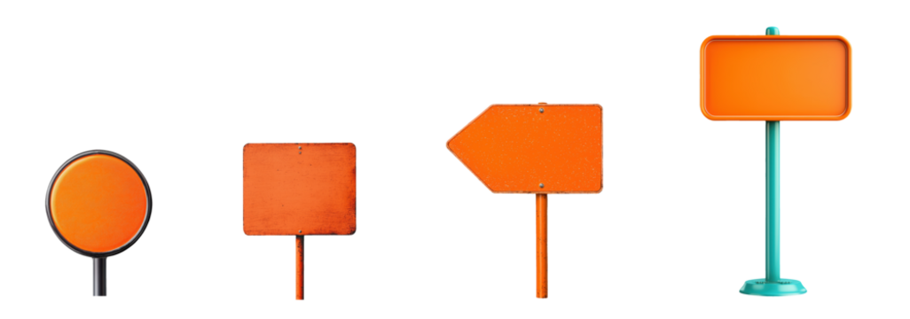 Four orange traffic signs on sticks isolated on a white background. The signs are a circle, square, arrow, and rectangle  - Powered by Adobe