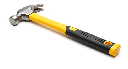 A claw hammer with a yellow and black handle lying on a white surface in a horizontal position