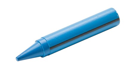 A single blue crayon isolated on a white background in a close up studio shot with a pointed tip