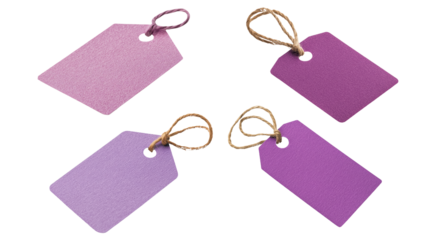 Tags of Elegance: A collection of stylish, blank tags in a spectrum of purple hues, each delicately tied with twine, creating a minimalist and elegant aesthetic.