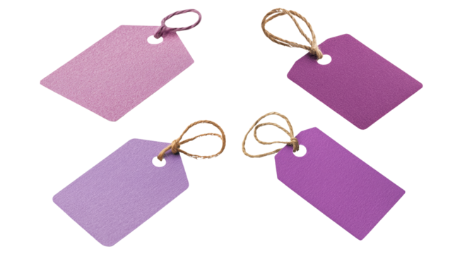 Tags of Elegance: A collection of stylish, blank tags in a spectrum of purple hues, each delicately tied with twine, creating a minimalist and elegant aesthetic.