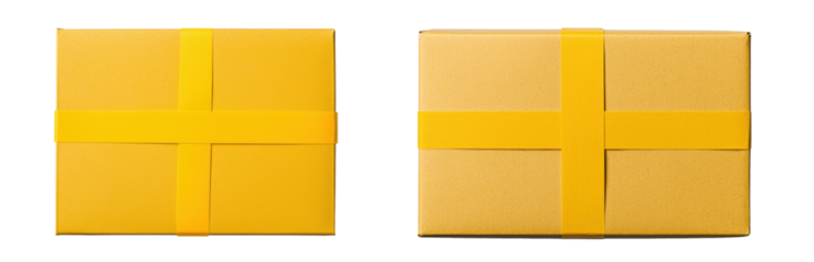 Sealed Packages with Yellow Tape: Two neatly wrapped packages secured with bright yellow tape, ready for shipping or delivery.  One package is lighter, the other a darker shade of brown.