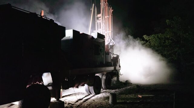 Nighttime Drilling Rig with Truck and Fog
