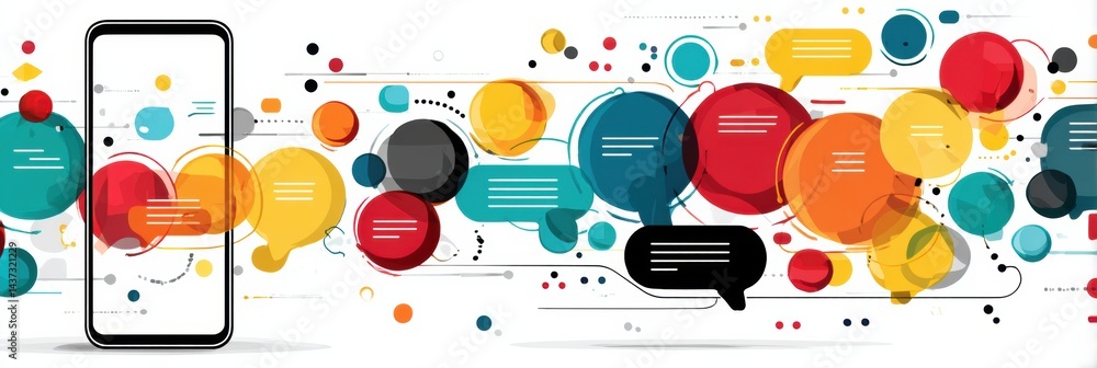 Poster smartphone displaying colorful chat interface with message bubbles during online conversation