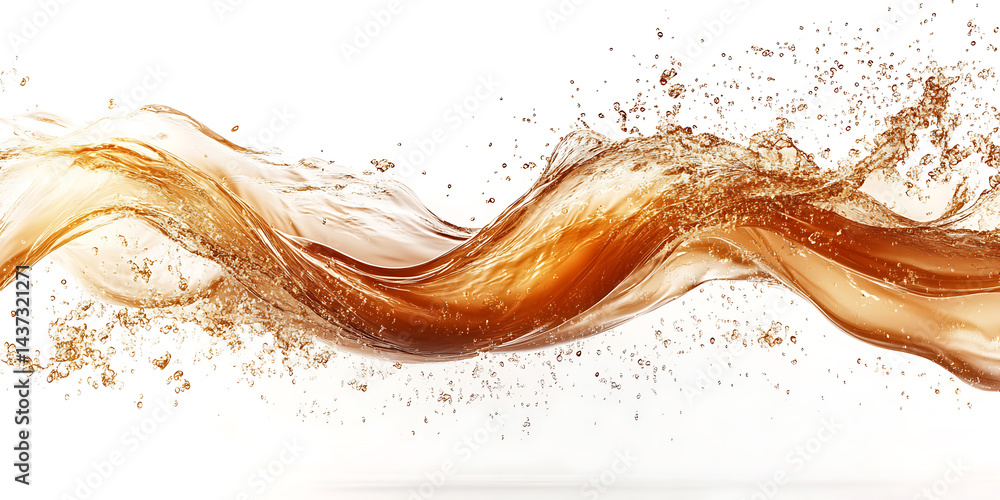 Poster dynamic wave of amber liquid with splashes on white background beautiful wave design splashing