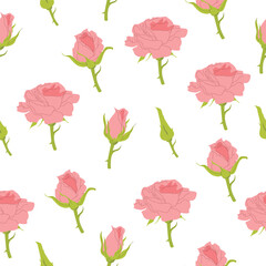 Vector seamless pattern with pink roses on a white background.