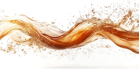 Fototapeta premium Dynamic wave of amber liquid with splashes on white background beautiful wave design splashing