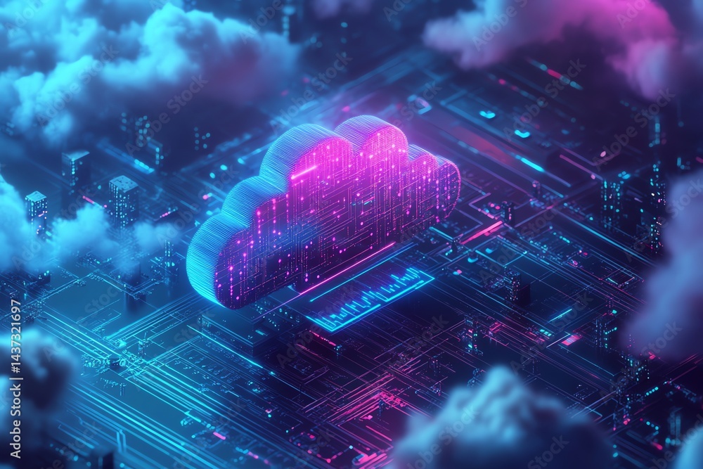 Aufkleber neon cloud computing: a futuristic circuit board visualization