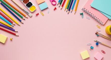 Fototapeta premium Crafting Supplies Flat Lay on Pink Background for Education or Art