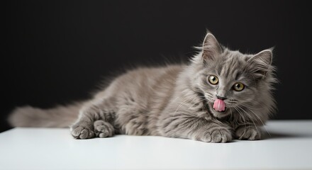 Gray Kitten Lying Down Licking Its Nose in Studio