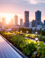Fototapeta premium Urban rooftop garden with rows of vegetable beds and solar lights