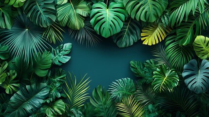 Lush tropical foliage border on teal
