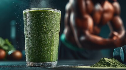 Refreshing spirulina smoothie in clear tumbler with athlete stretching in background