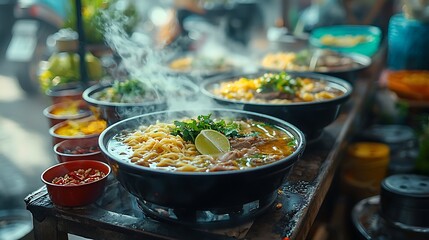 Rustic food stand with hot noodles high resolution picture