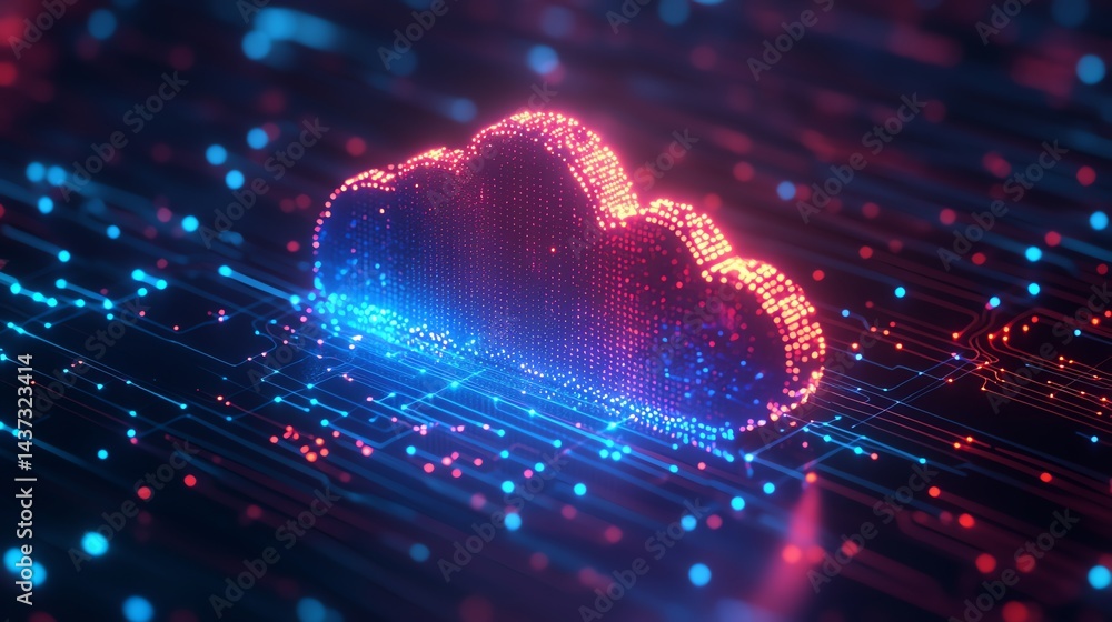 Poster digital cloud: neon circuitry and glowing particle design