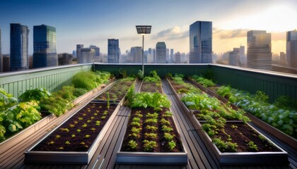 Urban rooftop garden with rows of vegetable beds and solar lights