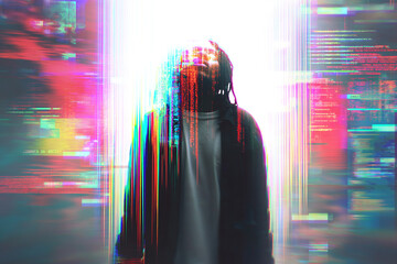Silhouetted figure surrounded by colorful glitching codes and digital distortion, portraying technology overload and digital identity.
