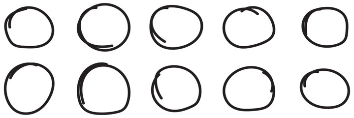 Set of drawn black marker round frames on white background. Hand drawn marker stroke style doodle black circle frame,  brushstroke oval shape for highlighting, underlining, black circle eps 10