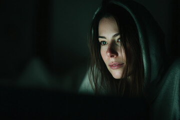 Focused young woman in a hoodie lit by screen light, working alone in a dark room, symbolizing digital isolation.