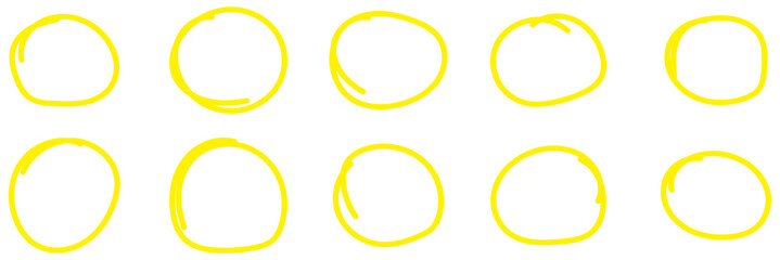 Set of drawn yellow marker round frames on white background. Hand drawn marker stroke style doodle yellow circle frame,  brushstroke oval shape for highlighting, underlining, yellow circle eps 10