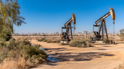 Fototapeta premium Oil Field Pump Jacks Under a Clear Blue Sky