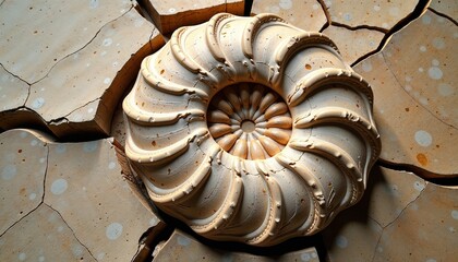Spiral Fossil Shell Creating Texture Against Cracked Background  