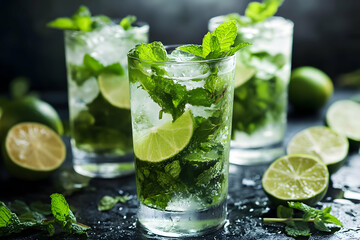 Refreshing Mojitos with Muddled Mint and Lime in Tall Glasses