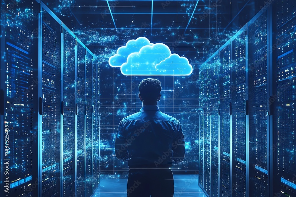 Poster man contemplates cloud computing: a digital server room vision