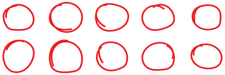 Set of hand drawn red marker round frames on white background. Hand drawn marker stroke style doodle red circle frame,  brushstroke oval shape for highlighting, underlining, Red marker circle eps 10
