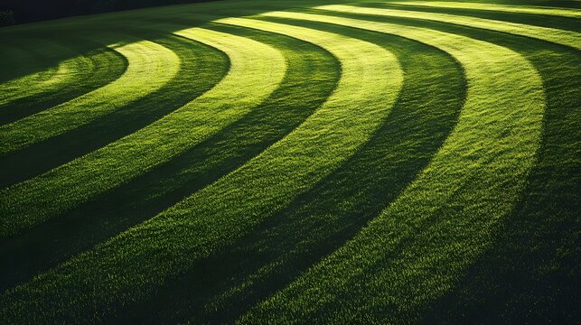Well-maintained lawn with meticulously cut, curved lines.