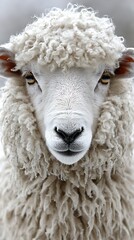 Naklejka premium Close-up of white sheep, facing forward. Natural background; portrait shot for rural or animal industry use