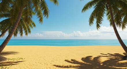 Tropical Beach with Palm Trees, Golden Sand and Blue Ocean