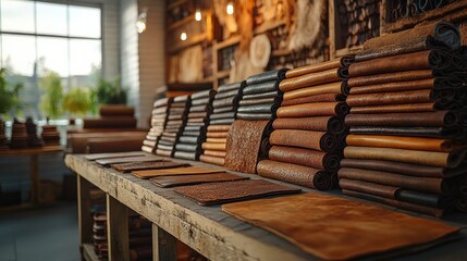 Leather crafting workshop featuring various textures and tones of leather sheets