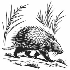 Stylized Porcupine Silhouette, Black and White Design, Nature Illustration, Animal Art