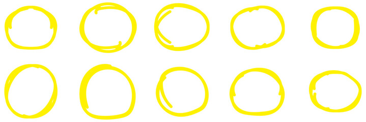 Set of drawn yellow marker round frames on white background. Hand drawn marker stroke style doodle yellow circle frame,  brushstroke oval shape for highlighting, underlining, yellow circle eps 10