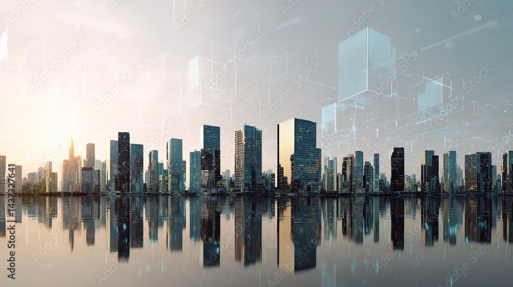 Poster modern city skyline with double exposure and blockchain elements
