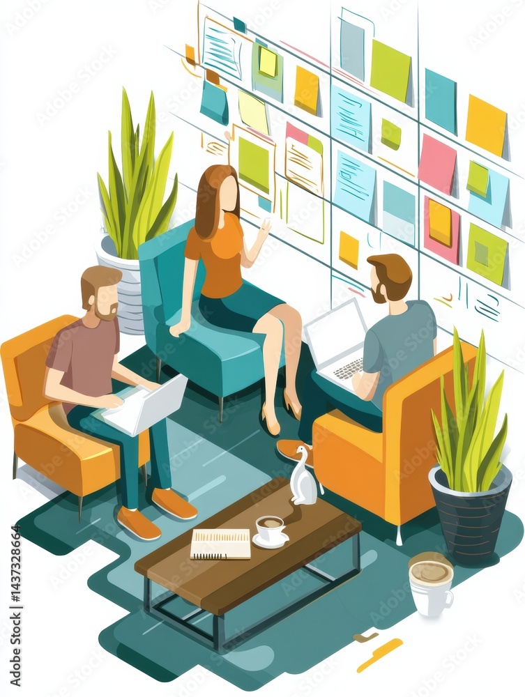 Fototapete Virtual Coworking Space With Floating Task Boards Encourages Collaboration Among Remote Workers During a Brainstorming Session