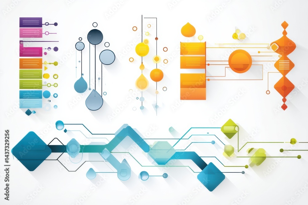 Poster stylized flowchart elements presented on a clean white background for infographic design projects, s