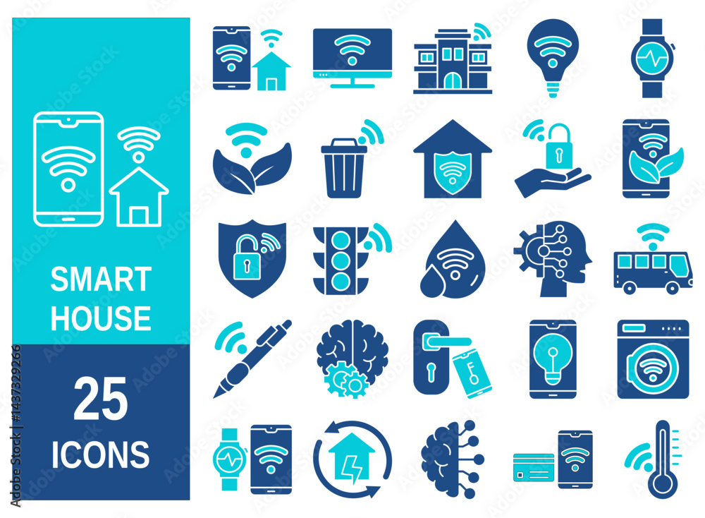 Poster collection of smart house linear icons - control of lighting, heating, air conditioning. set of home