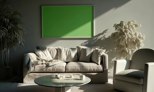 Bright Living Room with Green Mockup Frame Above Sofa Armchair and Round Coffee Table Surrounded by Potted Plants for Adobe Stock Photos