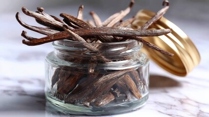 Fototapeta premium Dried vanilla beans in a glass jar on a marble surface with balanced composition