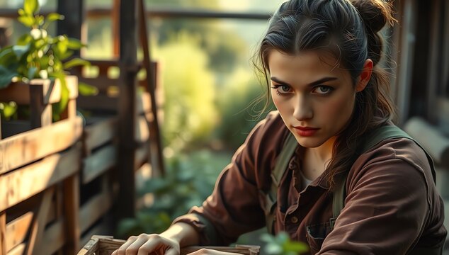 Young confident woman working in the garden looking at the viewer with determination. High definition photo